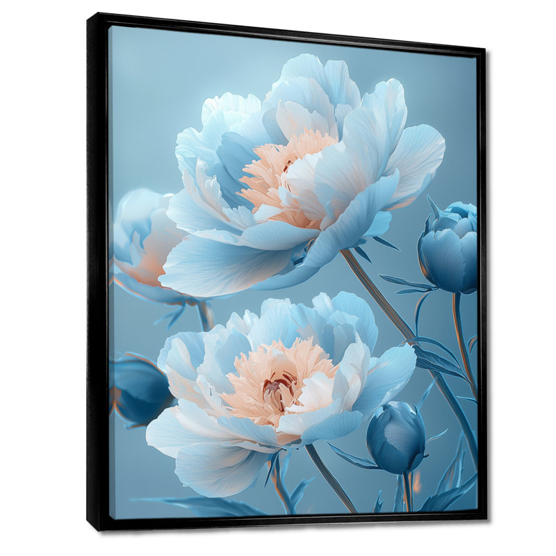 «Blue Velvet Peony Blooms I», art mural pivoines, H 20 po x l 12 po, Reproduction avec cadre flottant, Noir