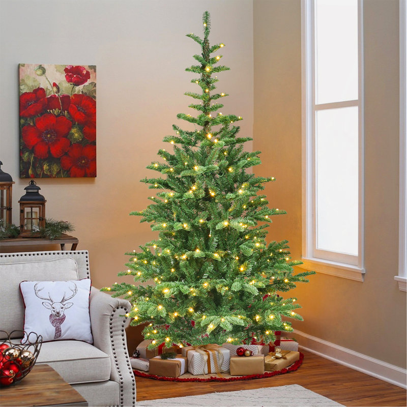 7Ft Pre-Lit Christmas Tree With 400 Warm White LED Lights, 941 PE+PVC Tips, Realistic Layered Look, Unique Wooden Base – Full Artificial Holiday Tree For Home Decor