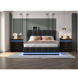 3-Pieces Bedroom Sets PU Storage Bed with LED Lights and USB charger,Nightstands Set of 2  with Charging Station and LED Lights