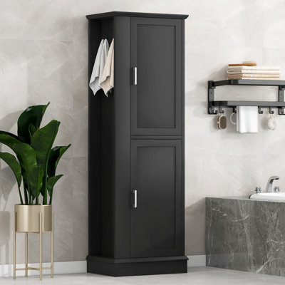 Tall Freestanding Storage Cabinet with Adjustable Shelves and Hooks – Bathroom Organizer