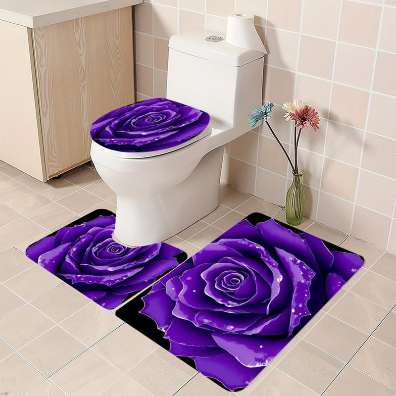 Collection de tapis de salle de bain 3 pièces mauve à imprimé rose mauve