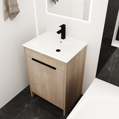 Meuble-lavabo moderne pour salle de bain - Lavabo autoportant en céramique 2 portes à fermeture douce spacieuses avec tablette réglable