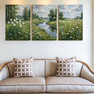3 Pieces Serene Landscape Large Wall Art with River and Floral Design, Three Pieces Wall Art for Living Room, Bedroom, and Office Decor, Ready to Hang
