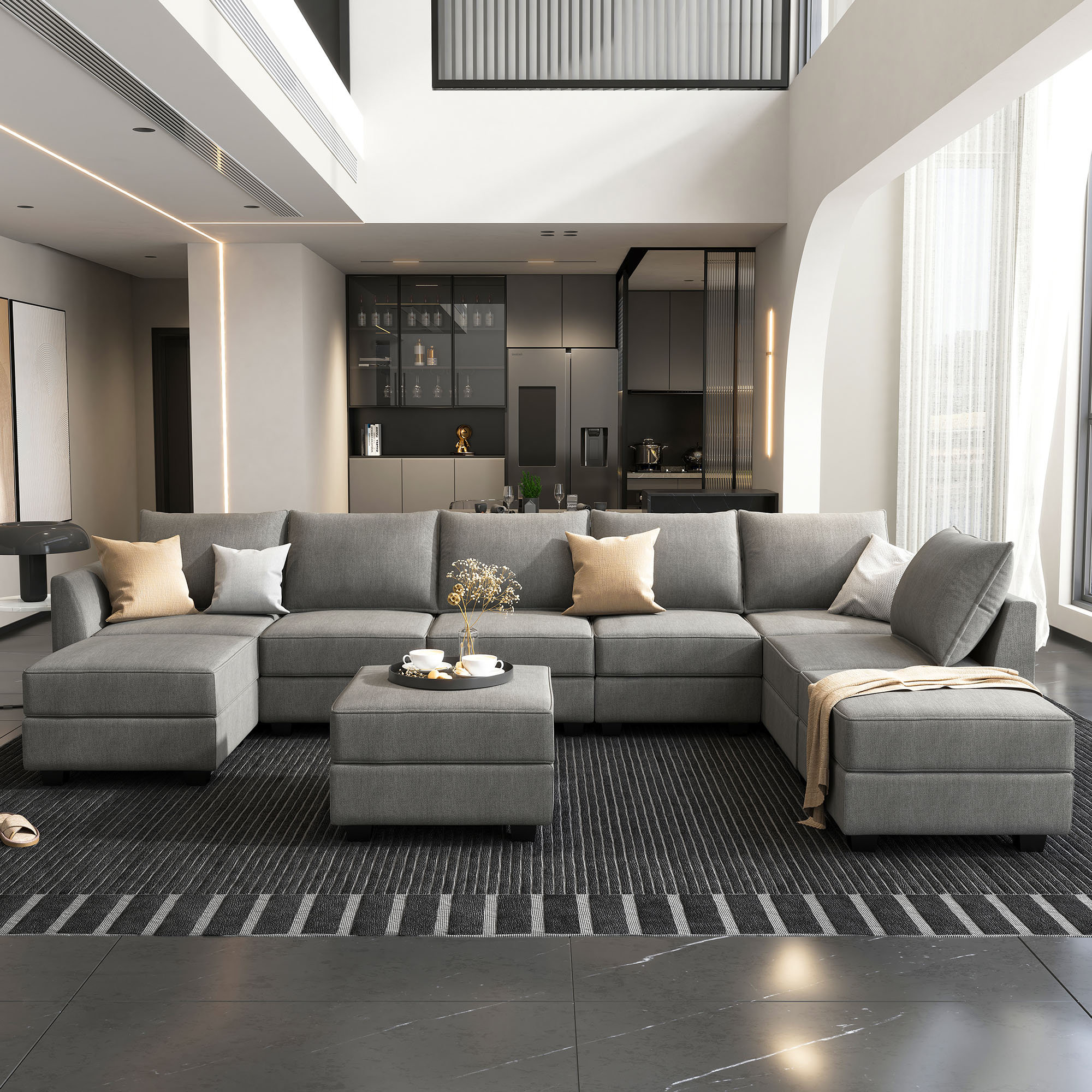 Canapé modulaire en U gris avec méridienne