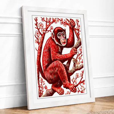 Red Monkey in Forest Boho 1 Piece Single Picture Frame Wall Art