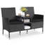 Banc 2 places en osier de patio avec table d'appoint en verre intégrée et 2 tablettes de rangement-177790505