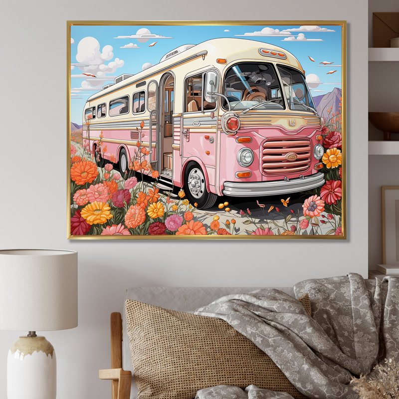 «Pink Camping Van Desert Getaway I», art mural de voyage en camping, Cadre flottant doré, H 30 po x l 40 po x P 1,5 po