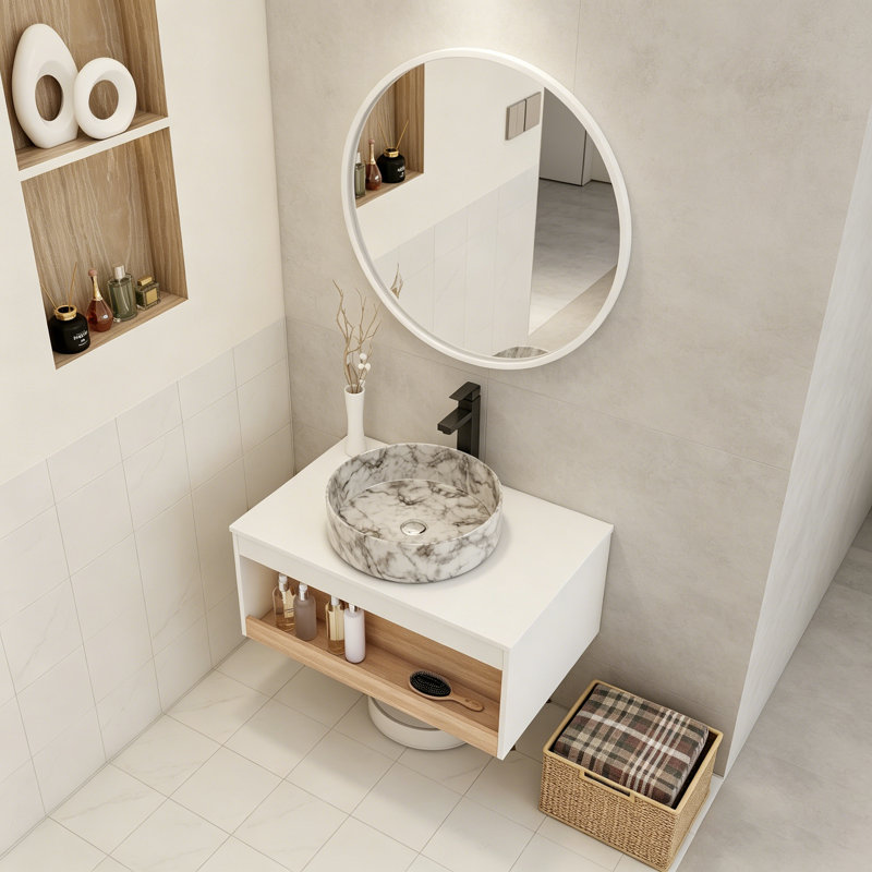 Ensemble de meuble-lavabo moderne flottant avec lavabo vasque en céramique et tablette de rangement ouverte murale (24 po / 30 po / 36 po)