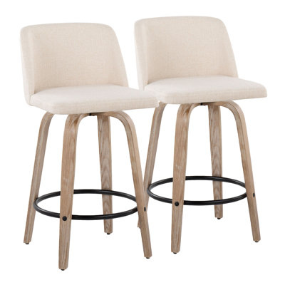 Ensemble de 2 tabourets de bar, 48 x 44 x 90 cm, pattes en bois blanchi avec repose-pieds noir, revêtement en tissu crème, pivotant à 360°, style campagnard