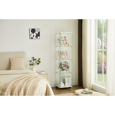 Vitrine à 4 niveaux en verre, armoire à porte simple avec serrure et roulettes, armoire de rangement au sol avec 3 tablettes en acrylique pour le salon, la chambre à coucher et le bureau