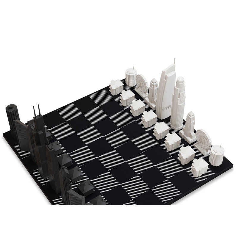 Chess Set Acrylic Chicago Vs Los Angeles With B/w Wood Hatch Board