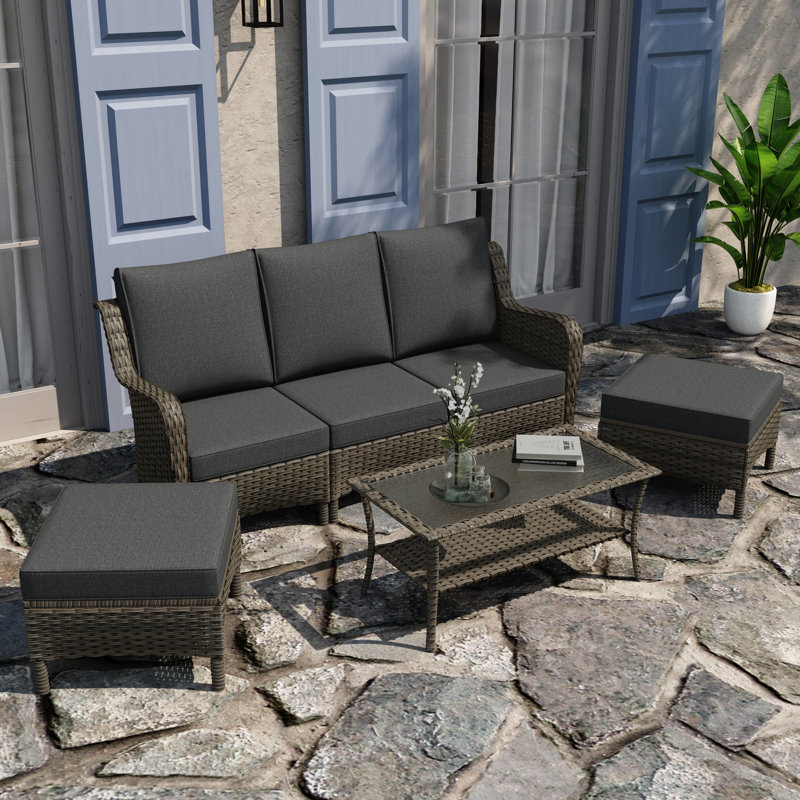 3 - Person Seating Group with Cushions, Black, Greyish Brown