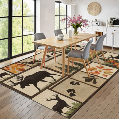 Tapis 9 x 12 pour chambre à coucher, chalet, ours, cerf, faune, camping, bohème, tapis lavable, tapis de salon, salle à manger, tapis antidérapants à envers en caoutchouc souple pour bureau de chambre de bébé