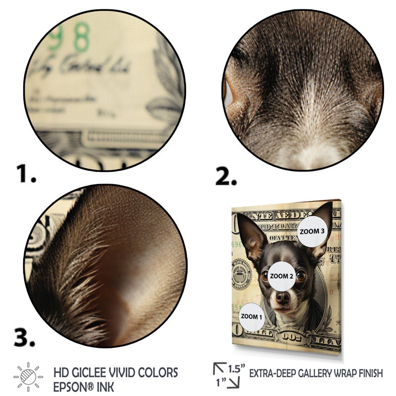 «Little Dog on Dollar Bill» - Impression, Cadre flottant blanc, H 40 po x l 30 po x P 1,5 po