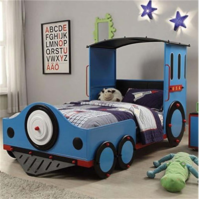 Lit simple en métal Tobi Red & Finish avec forme de train, tête de lit rembourrée et aucun sommier requis