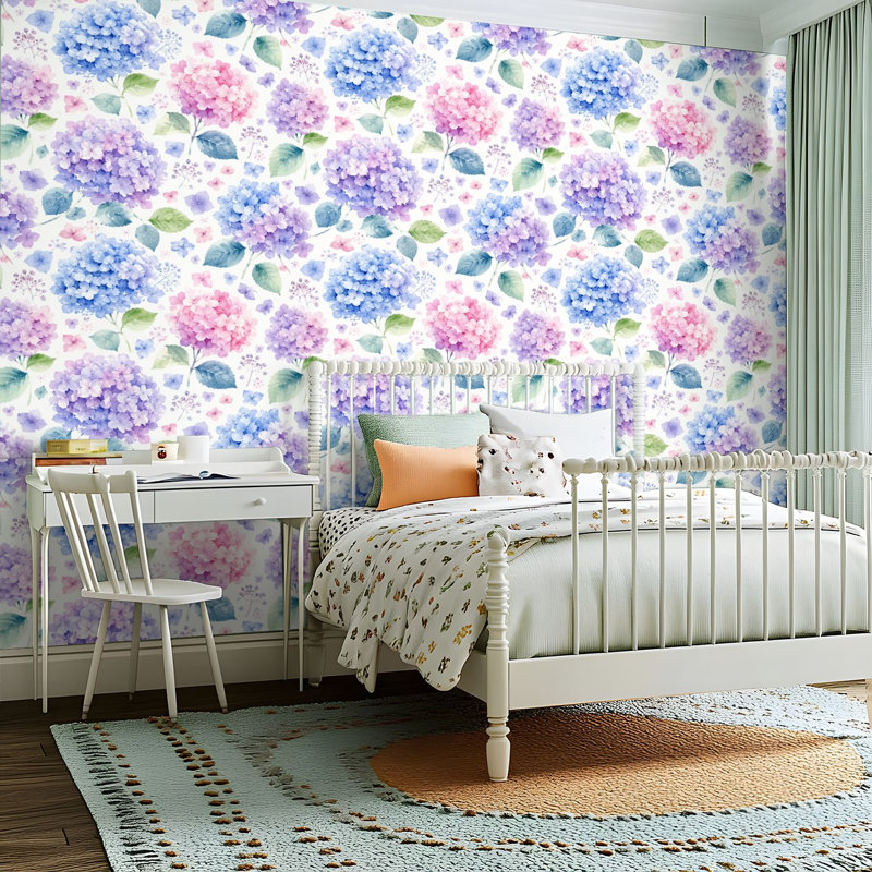 Papier peint adhésif peler et coller en PVC, revêtement mural auto-adhésif amovible avec aquarelle hortensias, imprimé floral mauve, imperméable pour la décoration intérieure - rouleau