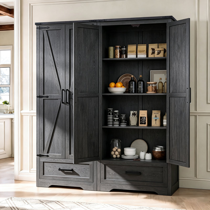 Armoire de cuisine de 183 cm (72 po) avec double porte de grange, rangement de cuisine de style campagnard avec étagères et tiroir réglables