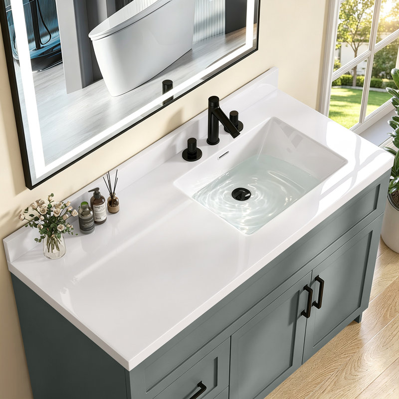 42" W × 22" D Solid Surface Vanity Top with Integrated Right side Single Sink White Bathroom Countertop with 3.5" Backsplash & 3 Pre Drilled Faucet Holes for 8" Widespread