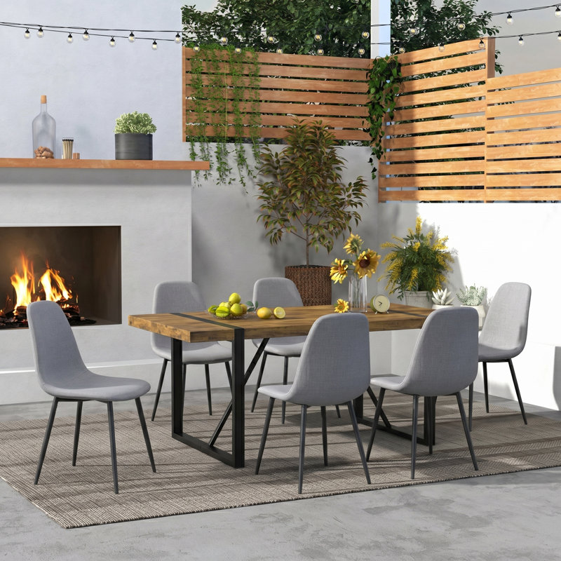 7-Piece Modern industrial Rectangular Wood Dining Set with Upholstered Chairs, 7 Pieces: Table, 6 Chairs, Light Gray