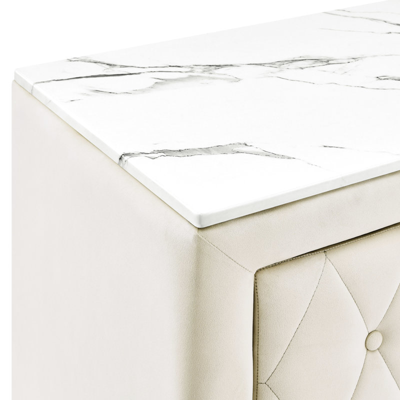 Table de chevet de chambre à coucher de style moderne avec plateau en faux marbre, surface en tissu à boutons et deux compartiments de rangement, tiroirs pour la décoration de chevet