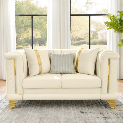 Beige, luxe, 69 pouces, velours, finitions dorées, motif brodé, moderne Mid-Century, victorien, salon, coussins, accoudoirs roulés, cadre en bois beige victorien moderne avec acier inoxydable