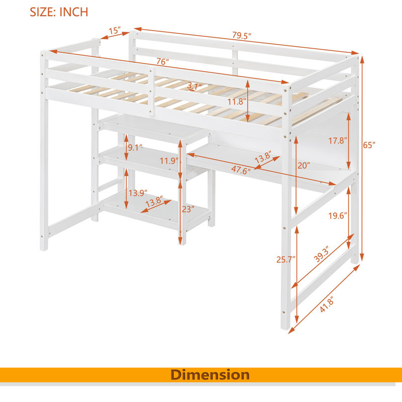 Lit mezzanine simple en bois avec tablettes, bureau et tableau d'écriture, Blanc