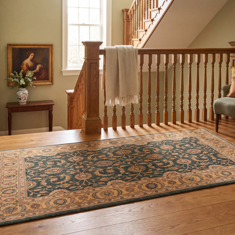 Tapis Bracken2 traditionnel à motif floral intégral or, vert, crème et ivoire, lavable à la machine, antidérapant, à poils courts, pour l'intérieur et l'extérieur, adapté aux animaux domestiques, idéal pour le salon, la chambre, la salle à manger, l'entrée, le couloir ou le bureau.