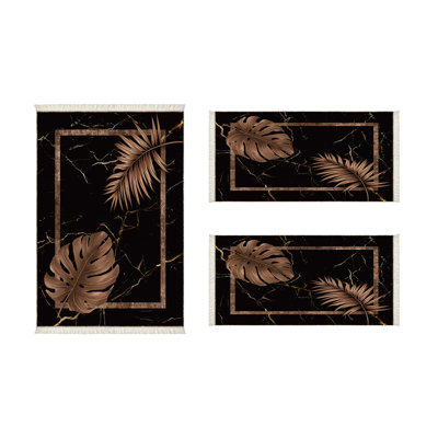 Ensemble de tapis rectangulaires en polyester tissé à la machine en noir / brun Bransford