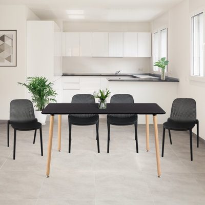 Modern Square Dining Table Set for 4, Mid-Century Dining Table and Chairs Set for Kitchen, Dining Room, Office, Cafe, Restaurant (Black)