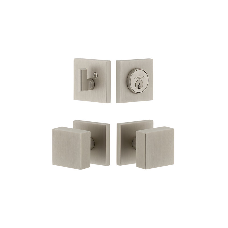 Viaggio Quadrato Rosette Complete Entry Set with Quadrato Knob, Satin Nickel, 2.375"