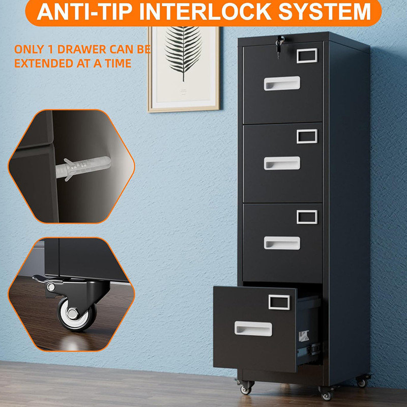 4-Drawer Rolling File Cabinet with Lock - 56" Metal Storage for Office, Black
