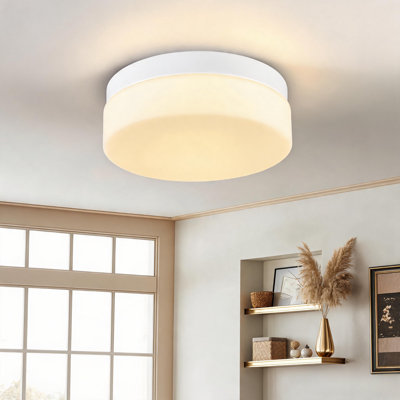 Modern White Metal Frame Milky Glass Shade Led Flush Mount Ceiling Light, 5 Color Temperatures Adjustable For Living Room Bedroom