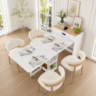 74" Extendable Kitchen Island Dining Table with Pull‑Out Tabletop, White Imitation Marble Tabletop, Built‑in Power Socket, Lockable Wheels and Storage