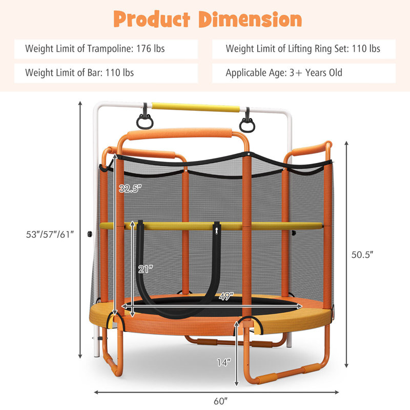 Trampoline de jardin rond de 60 pi avec enceinte sécuritaire Gymax, Orange