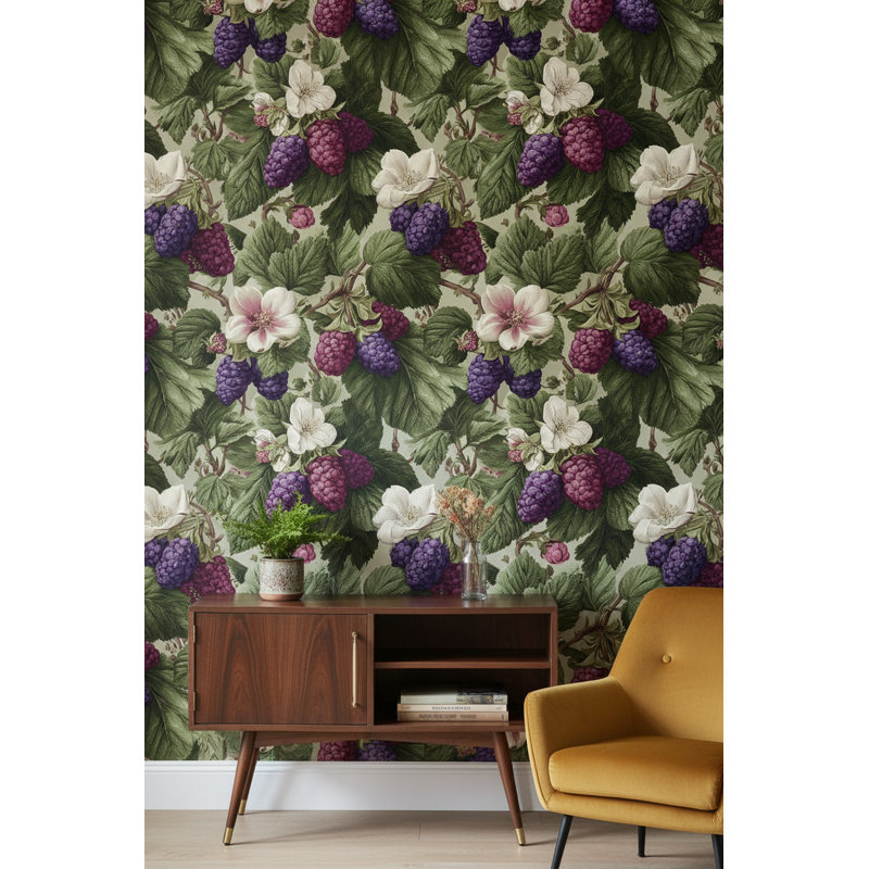 Papier peint floral rétro avec motif de baies double nature