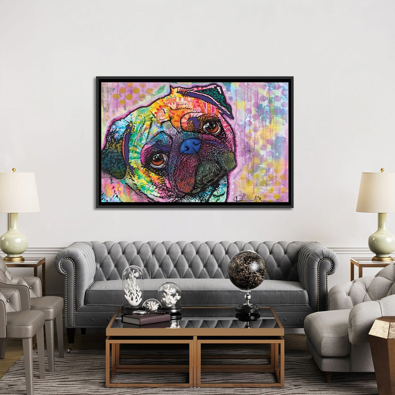 Pug Love - impression sur toile tendue, H 40 po x l 60 po x P 1,5 po, Toile avec cadre flottant noir