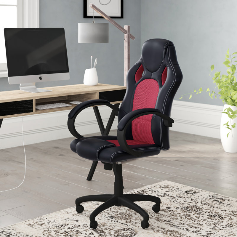 Symple Stuff Adjustable Ergonomic Faux Leather Swiveling PC & Racing Game Chair, Black/Red