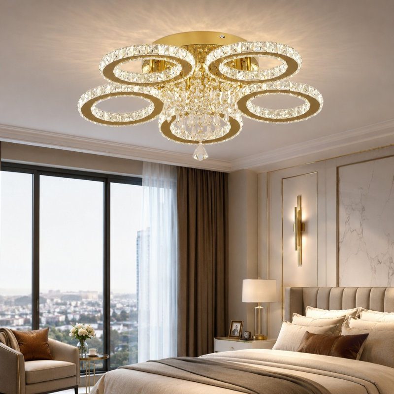 Luxury Ring LED Crystal Chandelier, Gold Finish And K9 Crystal Accents, 5 Lights, 3000 Kelvins-4500 Kelvins-6000 Kelvins, No