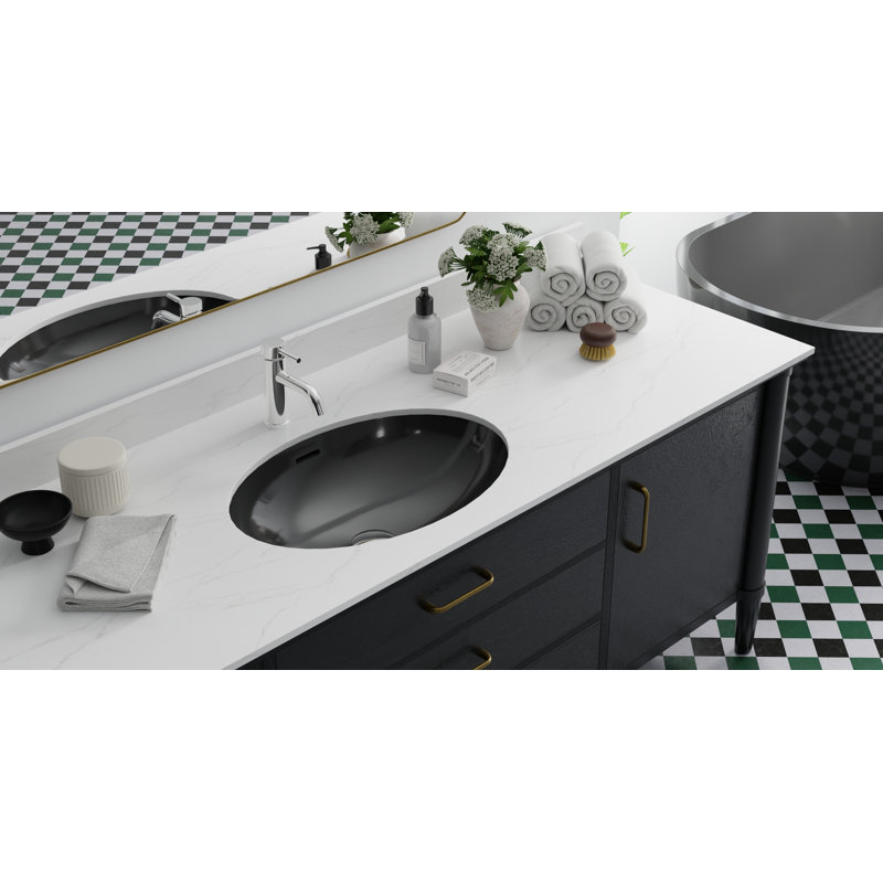 Badeloft 23.6" x 16.4" Oval Stone Resin Undermount Bathroom Sink UB-02-GBLK in Glossy Black, Glossy Black
