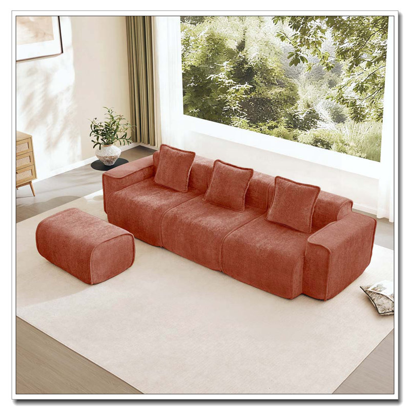 Canapé modulaire en forme de L 3 sièges avec passepoil à bordure française, aucun assemblage requis, canapé 3 places avec coussins décoratifs et 1 repose-pieds mobile