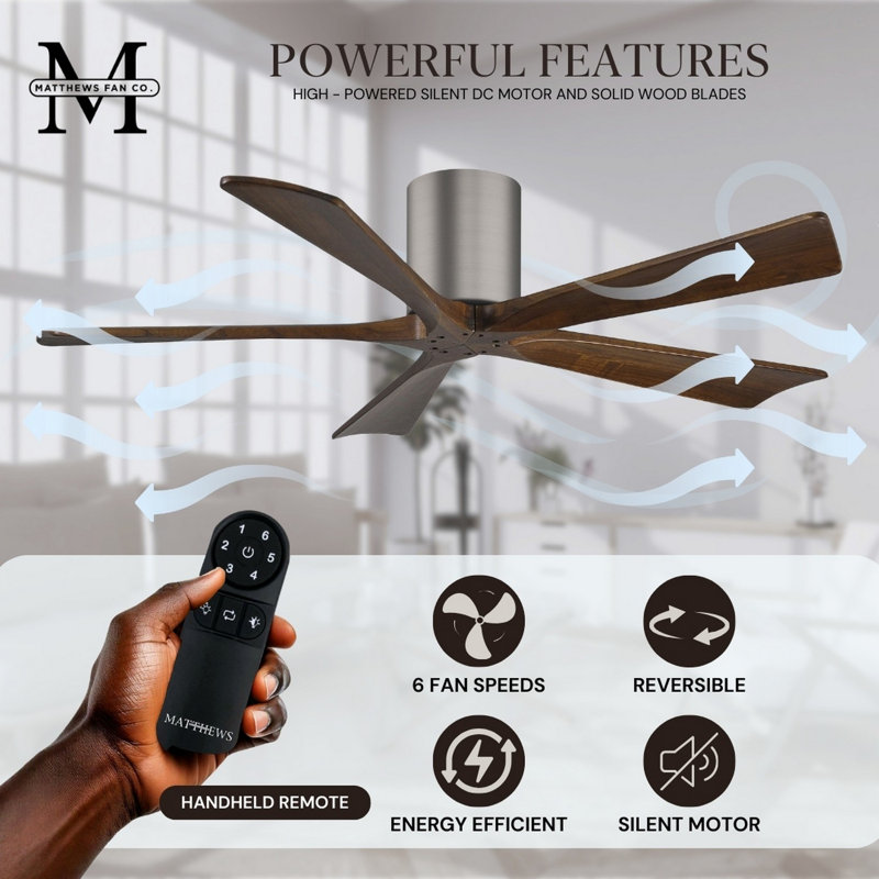 60" Irene 5-Blade Hugger Ceiling Fan with Wall Remote, Brushed Pewter, 42", Walnut Tone