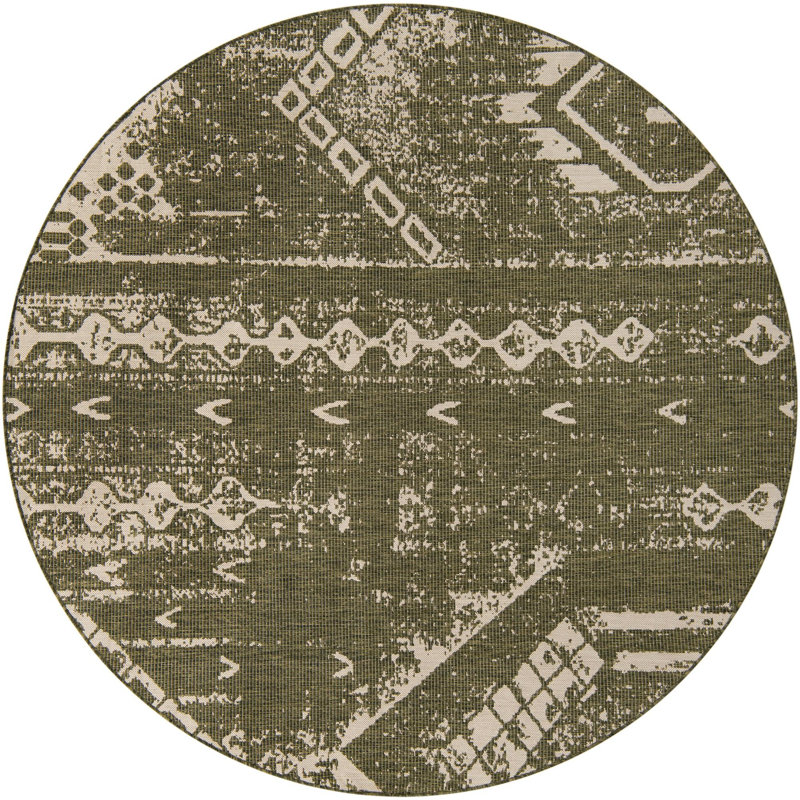 Tapis géométrique vert foncé / ivoire en polypropylène tissé à la machine Elpida, Rond 7 pi 10 po