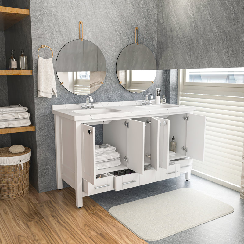 Analis 59'' Double Bathroom Vanity with Engineered Marble Top, White