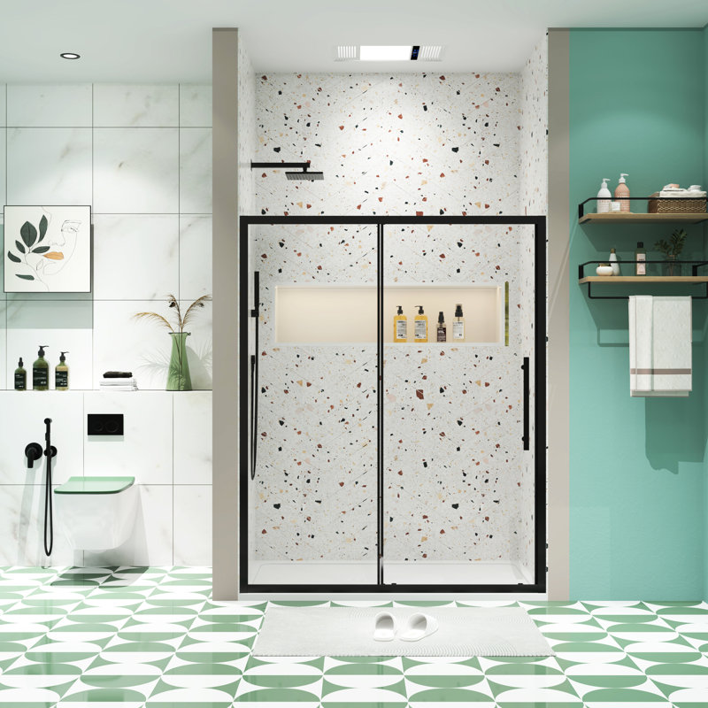 72"H X 44"-48"W Sliding Shower Door, 1/4" Tempered Glass, Matt Black, Nano Easy Clean&Protective Film, Stainless Steel Handle, Simple Install Approach, Magnetic Closure, Leak Resistance Idea Matte