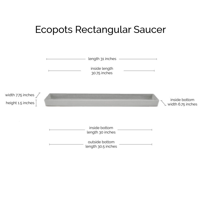 Ecopots Indoor/Outdoor Modern Rectangular Bruges Pot Saucer, 1.5” H x 7.75” W x 31” D, White Grey
