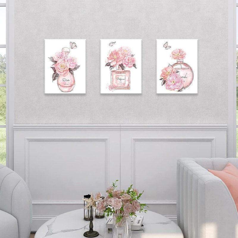Pink Wall Art Bedroom Wall Decor Fashion Perfume Flower Butterfly Pictures Blush And Grey Framed Canvas Paintings For Living Room Bathroom,Valentines Day Gifts 12X16 Inch,3 Piece