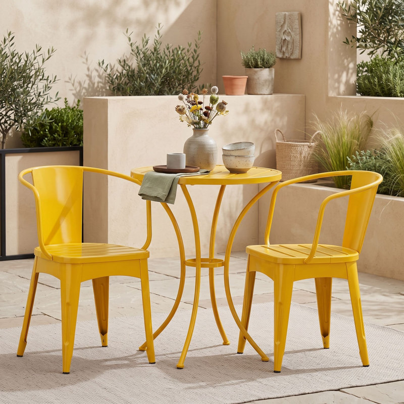 3-Piece Outdoor Bistro Set with Two Armchairs and Round Slatted Table, Yellow
