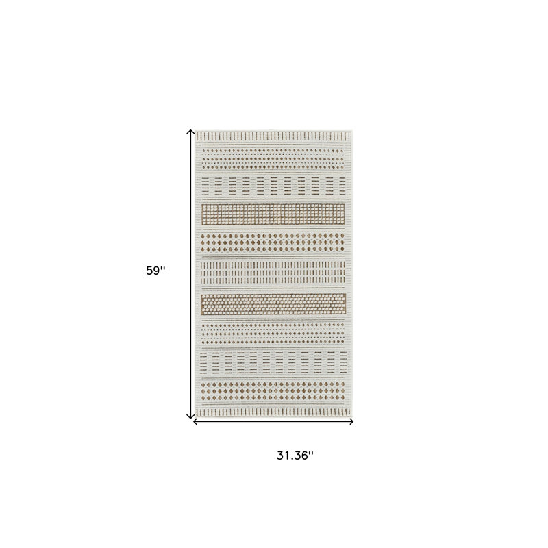 3' X 5' Beige and Brown Geometric Distressed Indoor Outdoor Area Rug