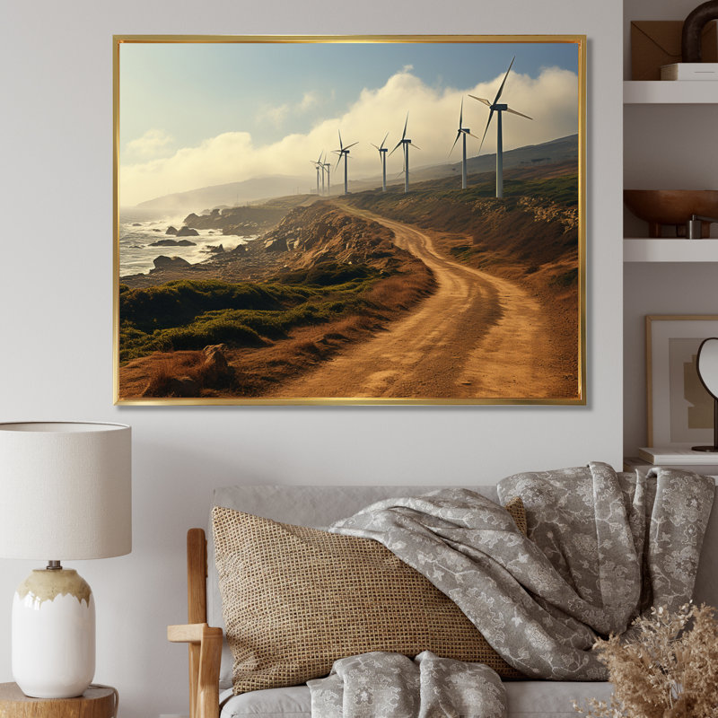 Wind Turbines Industrial Landscape II - reproduction sur toile, Cadre flottant doré, H 24 po x l 32 po x P 1 po
