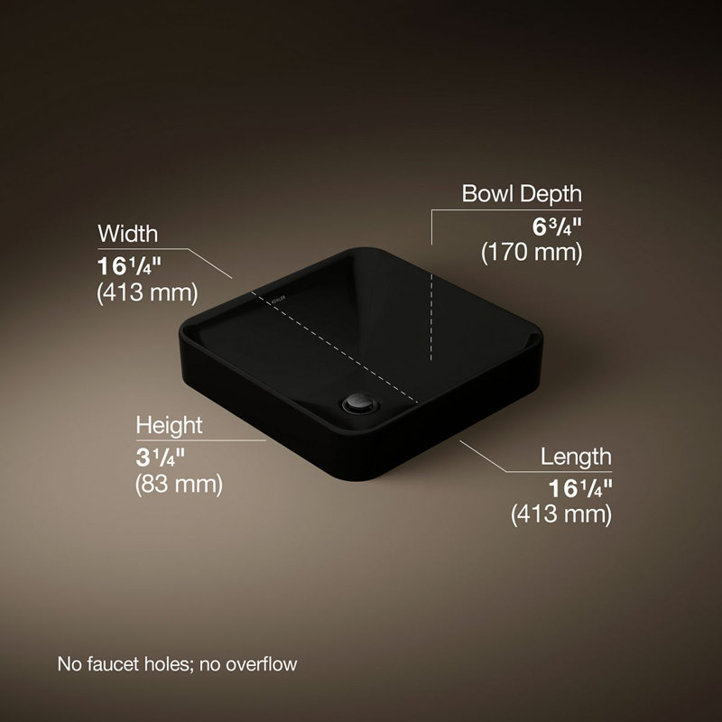 Vox Ceramic Square Vessel Bathroom Sink with Overflow, Black 